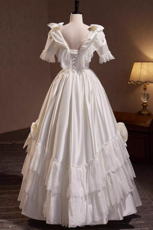 Beautiful A-Line V Neck Satin Tiered Bridal Gowns Short Sleeve Bows Lace Wedding Dress AP5818