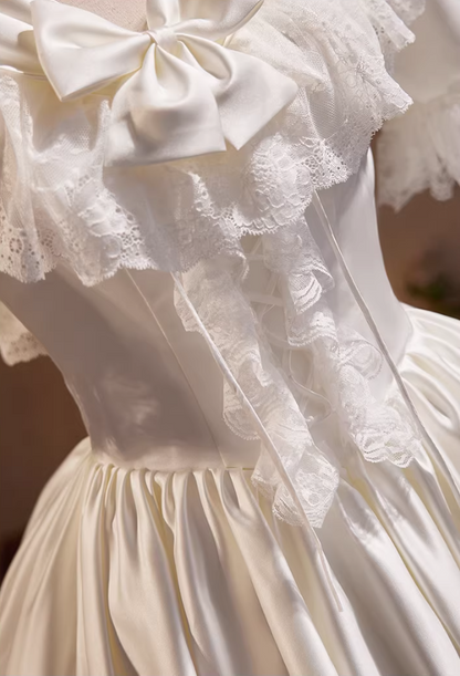 Beautiful A-Line V Neck Satin Tiered Bridal Gowns Short Sleeve Bows Lace Wedding Dress AP5818