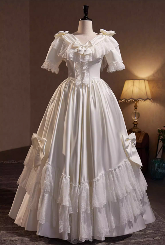Beautiful A-Line V Neck Satin Tiered Bridal Gowns Short Sleeve Bows Lace Wedding Dress AP5818