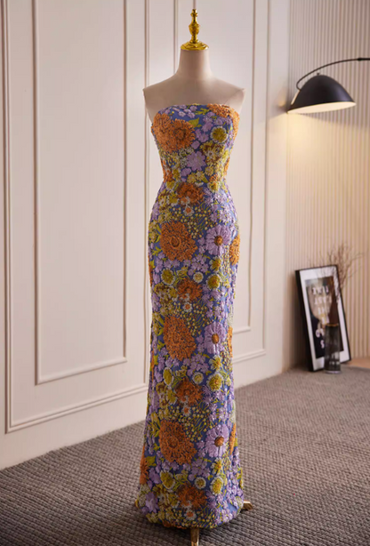 Enchanting Sheath Strapless Sweet 16th Dresses Floral Sequins Prom Dress AP5819