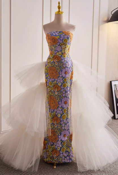 Enchanting Sheath Strapless Sweet 16th Dresses Floral Sequins Prom Dress AP5819