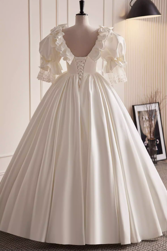 Superb A-Line Satin V Neck Bridal Gowns Short Sleeve Crystal Bows Lace Wedding Dress AP5820