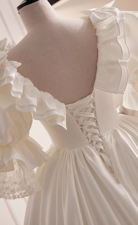 Superb A-Line Satin V Neck Bridal Gowns Short Sleeve Crystal Bows Lace Wedding Dress AP5820