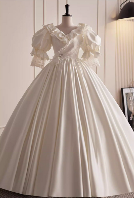 Superb A-Line Satin V Neck Bridal Gowns Short Sleeve Crystal Bows Lace Wedding Dress AP5820