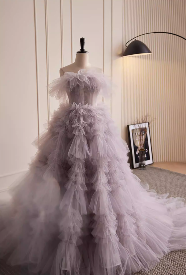 Wonderful Strapless A-Line Purple Sweet 16th Gowns Ruffled Tulle Prom Dress AP5821