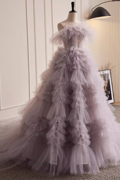 Wonderful Strapless A-Line Purple Sweet 16th Gowns Ruffled Tulle Prom Dress AP5821
