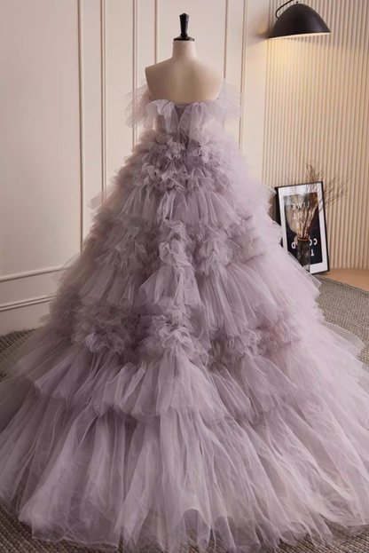 Wonderful Strapless A-Line Purple Sweet 16th Gowns Ruffled Tulle Prom Dress AP5821