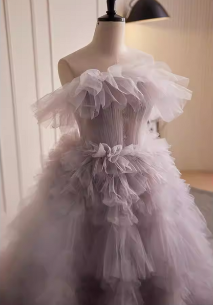 Wonderful Strapless A-Line Purple Sweet 16th Gowns Ruffled Tulle Prom Dress AP5821