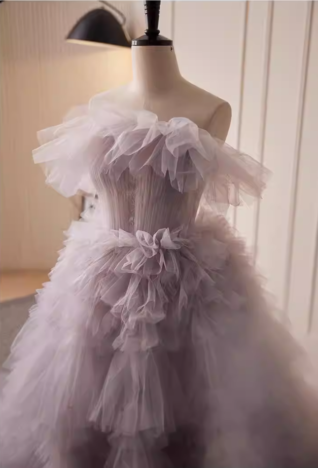Wonderful Strapless A-Line Purple Sweet 16th Gowns Ruffled Tulle Prom Dress AP5821