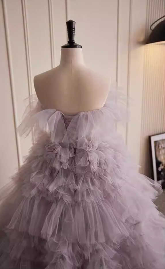 Wonderful Strapless A-Line Purple Sweet 16th Gowns Ruffled Tulle Prom Dress AP5821