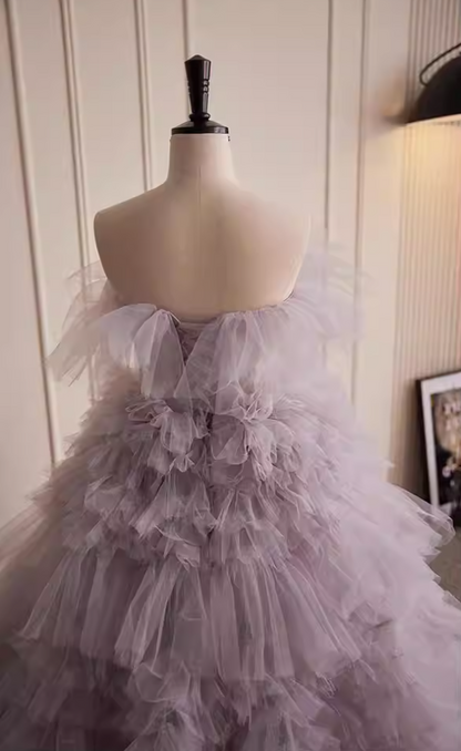 Wonderful Strapless A-Line Purple Sweet 16th Gowns Ruffled Tulle Prom Dress AP5821