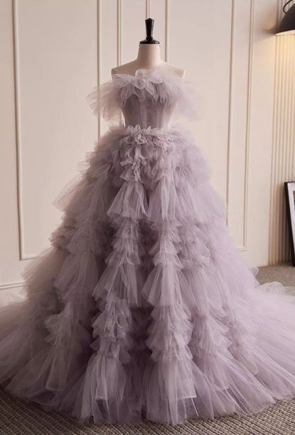 Wonderful Strapless A-Line Purple Sweet 16th Gowns Ruffled Tulle Prom Dress AP5821