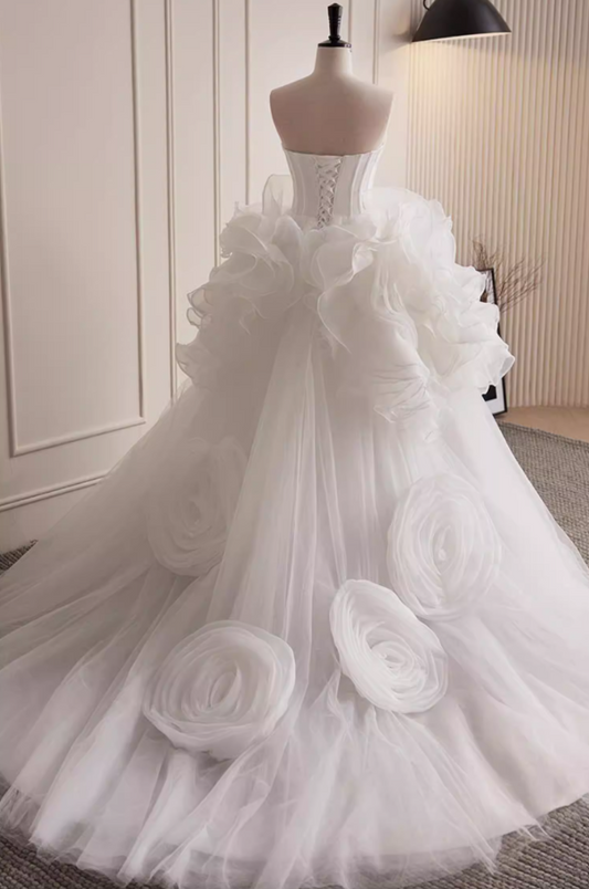 Amazing Strapless A-Line Layered Tulle Bridal Gowns Handmade Flowers Wedding Dress AP5822