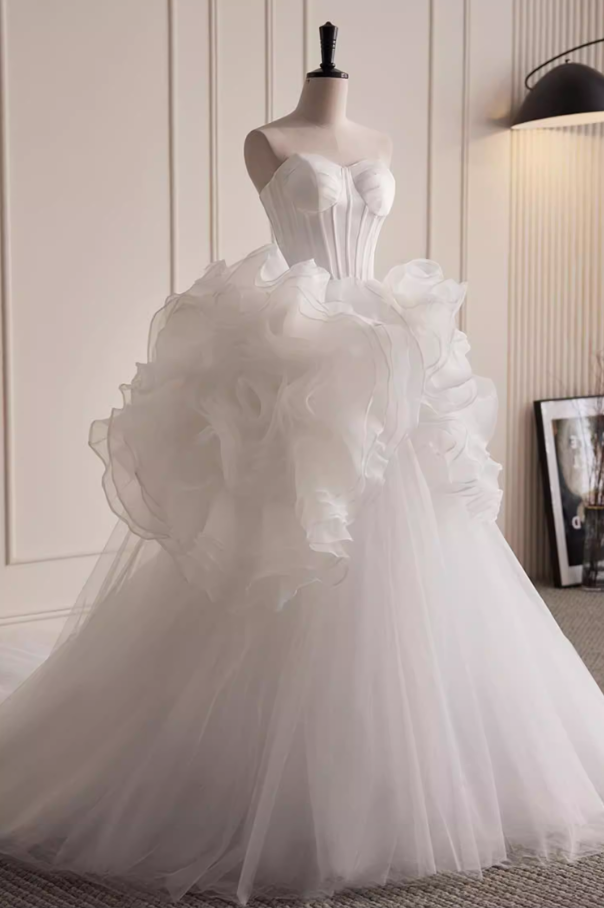Amazing Strapless A-Line Layered Tulle Bridal Gowns Handmade Flowers Wedding Dress AP5822