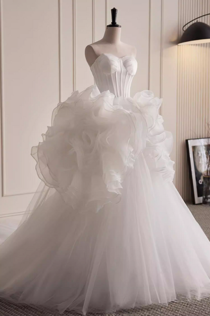 Amazing Strapless A-Line Layered Tulle Bridal Gowns Handmade Flowers Wedding Dress AP5822