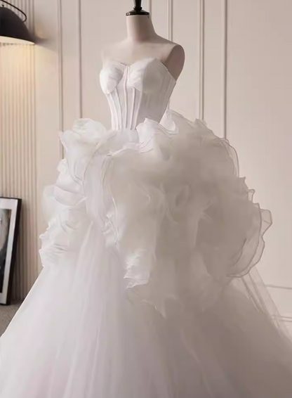 Amazing Strapless A-Line Layered Tulle Bridal Gowns Handmade Flowers Wedding Dress AP5822