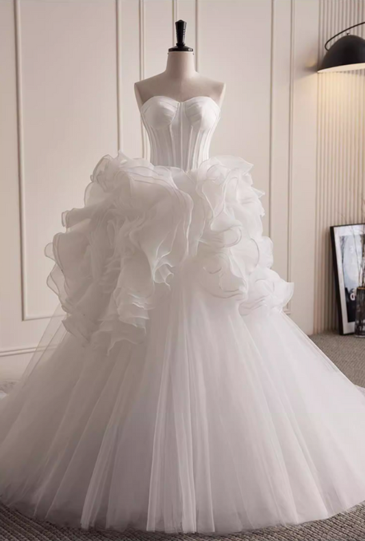 Amazing Strapless A-Line Layered Tulle Bridal Gowns Handmade Flowers Wedding Dress AP5822