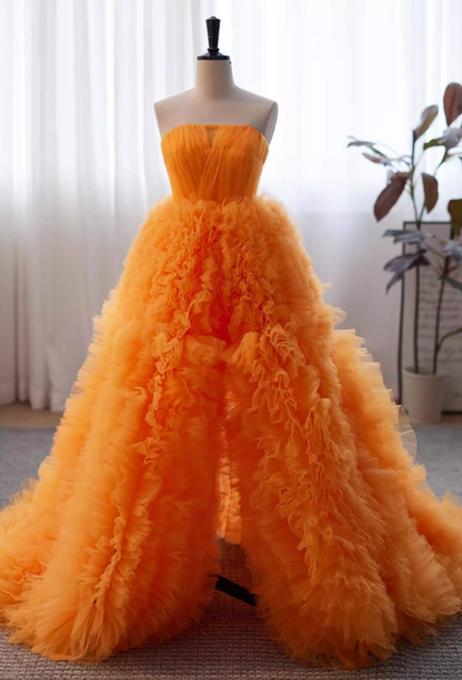 Appealing Strapless A-Line Sweet 16th Gowns Ruffles Tulle High-Slit Prom Dress AP5823