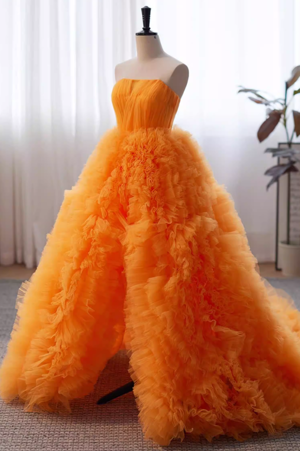 Appealing Strapless A-Line Sweet 16th Gowns Ruffles Tulle High-Slit Prom Dress AP5823