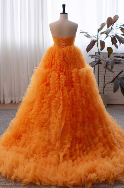 Appealing Strapless A-Line Sweet 16th Gowns Ruffles Tulle High-Slit Prom Dress AP5823