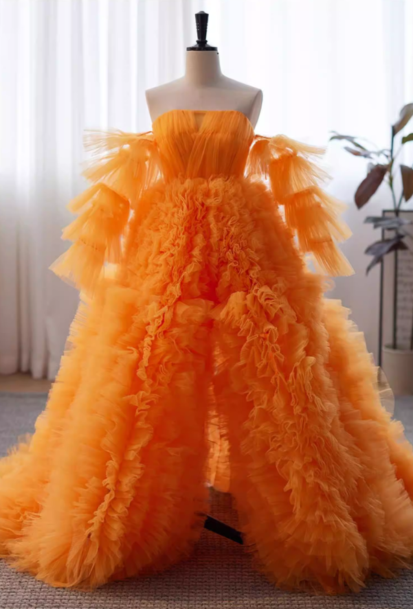 Appealing Strapless A-Line Sweet 16th Gowns Ruffles Tulle High-Slit Prom Dress AP5823