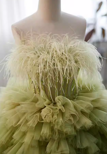 Splendid Strapless A-Line Sweet 16th Gowns Ruffles Tulle Feather Prom Dress AP5825