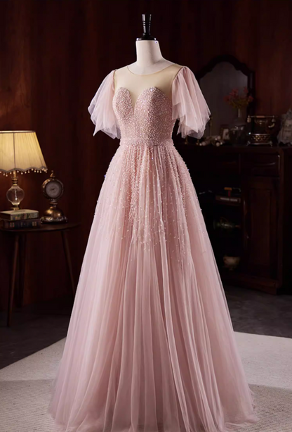 Shiny Jewel Neck A-Line Layered Tulle Pink Sweet 16th Gowns Short Sleeve Sequins Beading Prom Dress AP5826