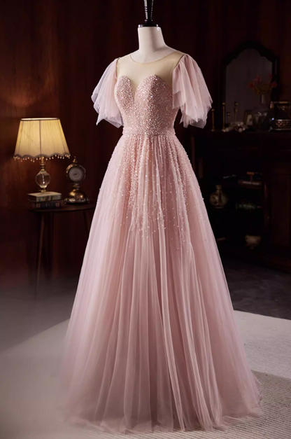Shiny Jewel Neck A-Line Layered Tulle Pink Sweet 16th Gowns Short Sleeve Sequins Beading Prom Dress AP5826