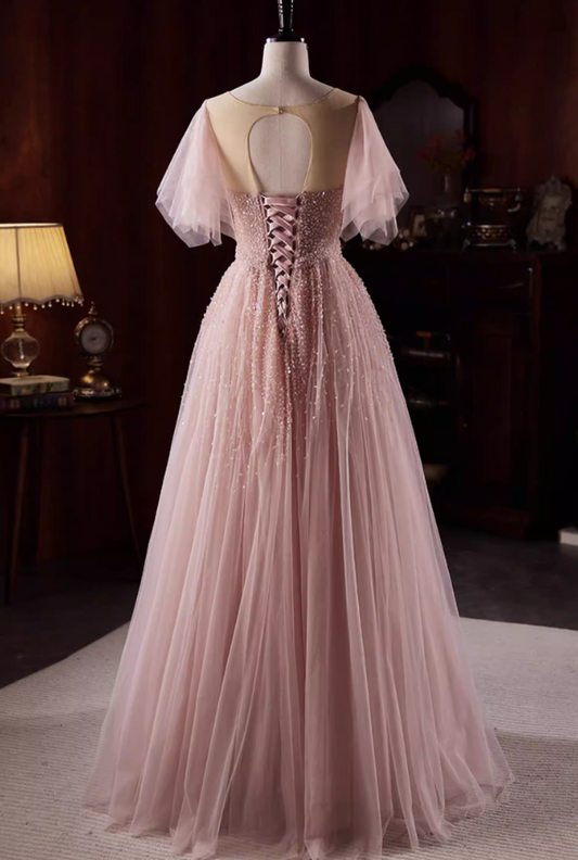 Shiny Jewel Neck A-Line Layered Tulle Pink Sweet 16th Gowns Short Sleeve Sequins Beading Prom Dress AP5826
