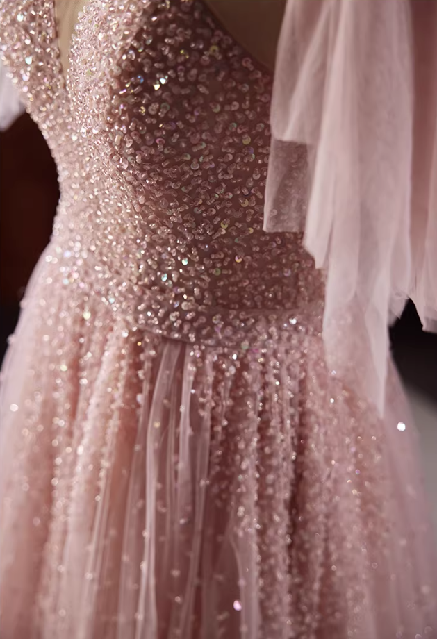 Shiny Jewel Neck A-Line Layered Tulle Pink Sweet 16th Gowns Short Sleeve Sequins Beading Prom Dress AP5826