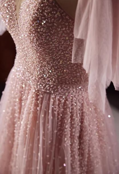 Shiny Jewel Neck A-Line Layered Tulle Pink Sweet 16th Gowns Short Sleeve Sequins Beading Prom Dress AP5826