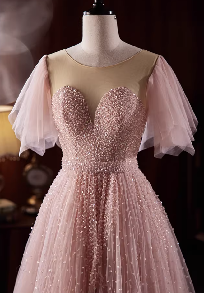 Shiny Jewel Neck A-Line Layered Tulle Pink Sweet 16th Gowns Short Sleeve Sequins Beading Prom Dress AP5826
