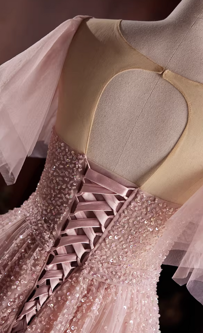 Shiny Jewel Neck A-Line Layered Tulle Pink Sweet 16th Gowns Short Sleeve Sequins Beading Prom Dress AP5826