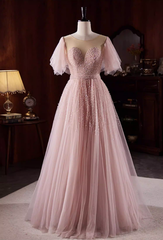 Shiny Jewel Neck A-Line Layered Tulle Pink Sweet 16th Gowns Short Sleeve Sequins Beading Prom Dress AP5826
