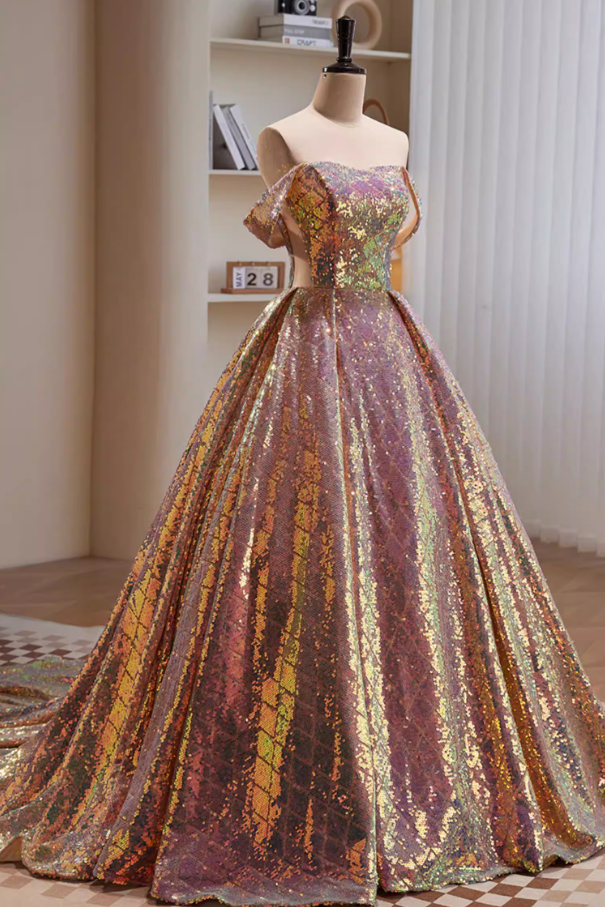 Enticing A-Line Off-Shoulder Evening Gowns Sequins Prom Dress AP5827