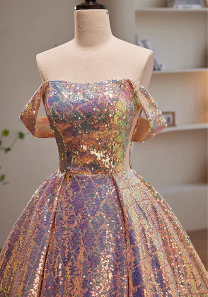 Enticing A-Line Off-Shoulder Evening Gowns Sequins Prom Dress AP5827