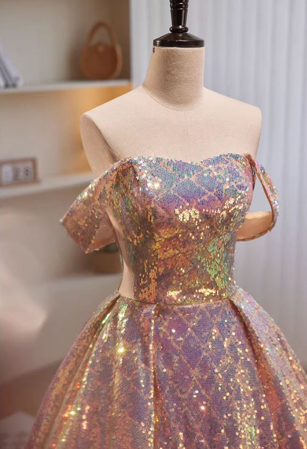Enticing A-Line Off-Shoulder Evening Gowns Sequins Prom Dress AP5827