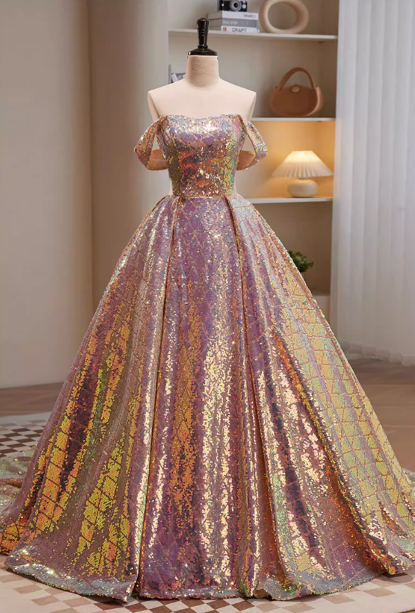 Enticing A-Line Off-Shoulder Evening Gowns Sequins Prom Dress AP5827