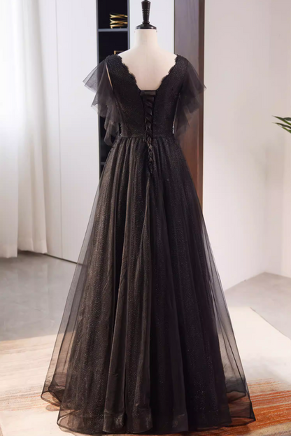 Gothic-Style V Neck A-Line Short Sleeve Sweet 16th Gowns Black Layered Tulle Sequins Beading Prom Dress AP5828