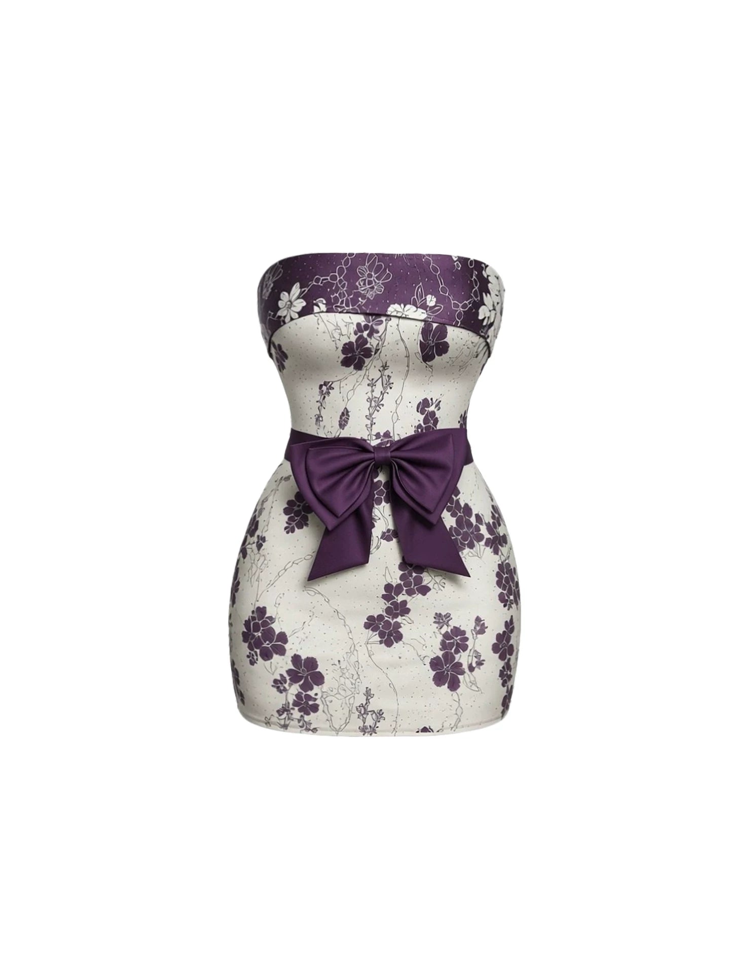 Avant-Garde Purple Sash Bow Bodycon Mini Skirt Chic White & Purple Floral Strapless Short Dress AP5829