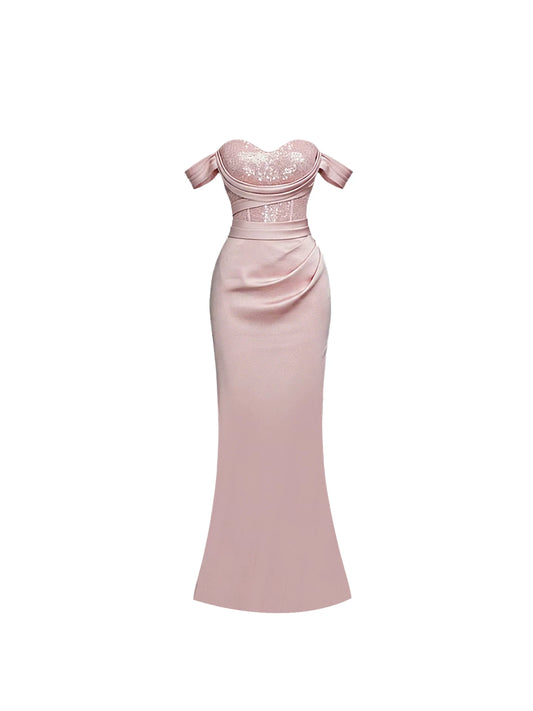 Fresh Off-Shoulder Sequin Bodice Maxi Dress Charming Blush Pink Ruched Waist Mermaid Long Dress AP5831