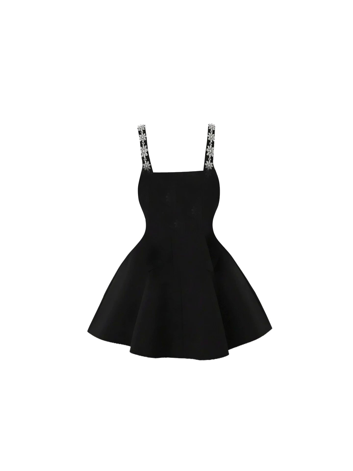 Everyday Wear Spaghetti Strap A-Line Mini Skirt Vogue Black Square Neck Crystal Trim Flared Short Dress AP5832