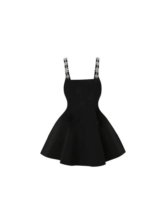 Everyday Wear Spaghetti Strap A-Line Mini Skirt Vogue Black Square Neck Crystal Trim Flared Short Dress AP5832