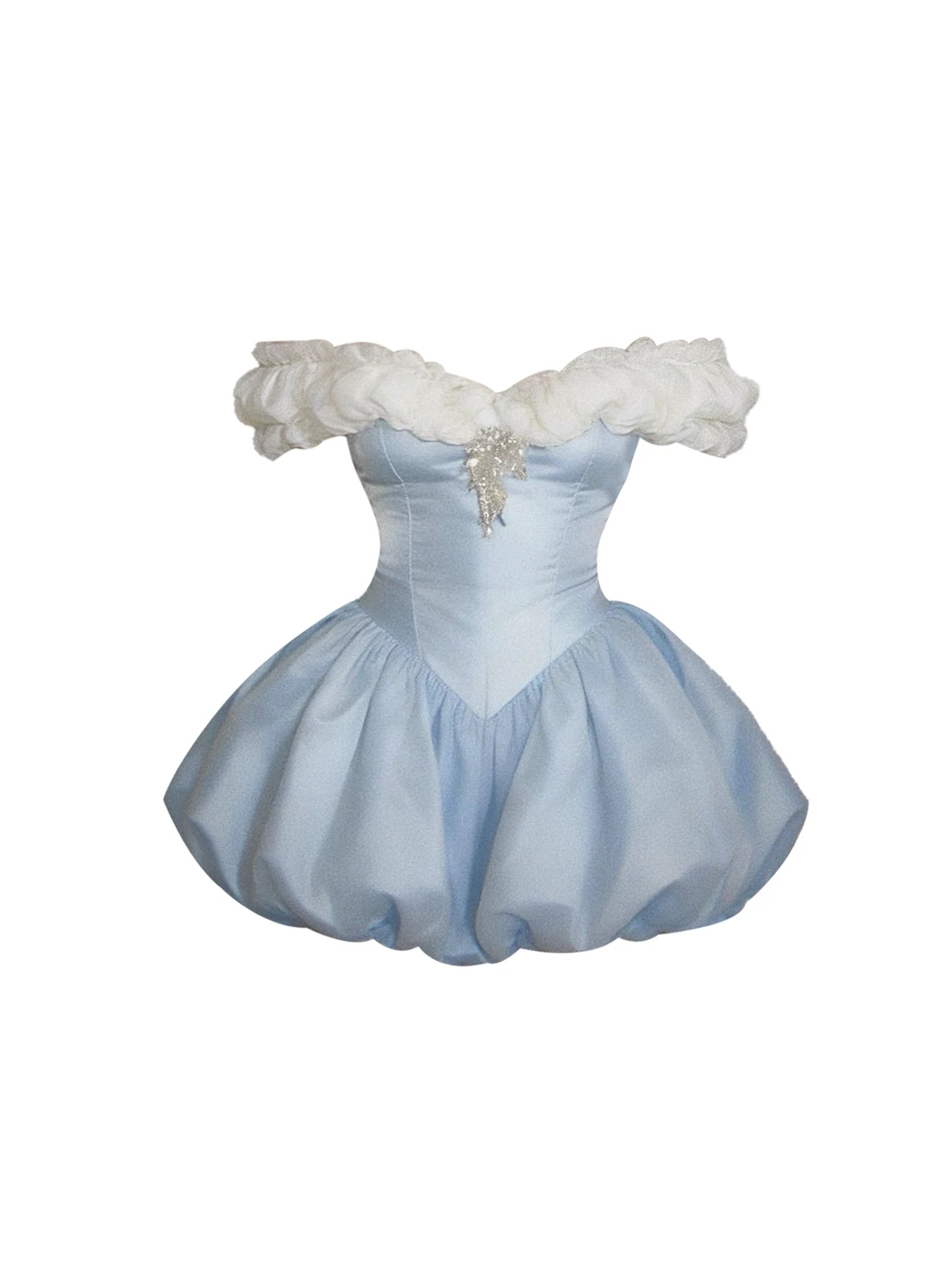 Voluminous White Ruffled Bust Crystal Accent A-Line Mini Skirt Charming Light Blue Off-Shoulder Satin Short Dress AP5833