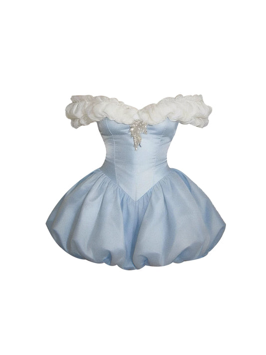 Voluminous White Ruffled Bust Crystal Accent A-Line Mini Skirt Charming Light Blue Off-Shoulder Satin Short Dress AP5833