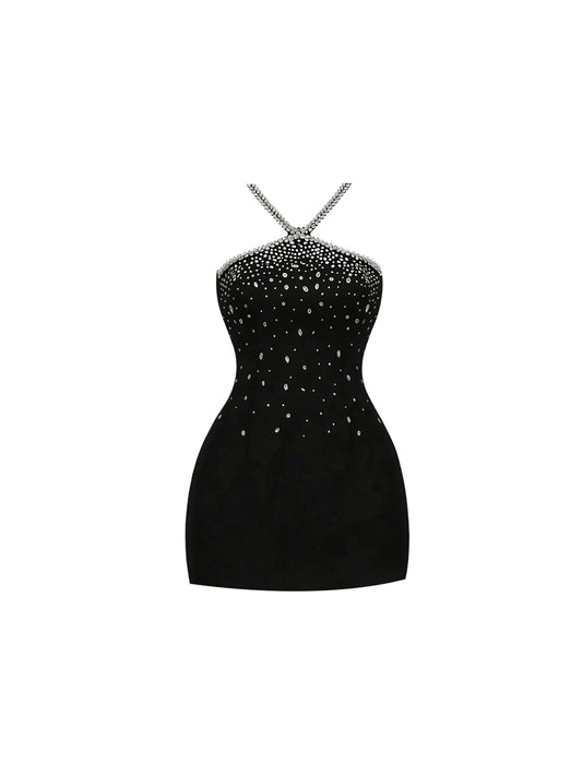 Sleek Rhinestone Design Bust Black Mini Dress Chic Halter Neck Bodycon Cross Back Strap Short Dress AP5834