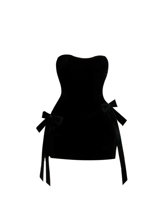 Romantic Dual Bow Accents Slim Mini Skirt Simple Black Strapless Bodycon Short Dress AP5836