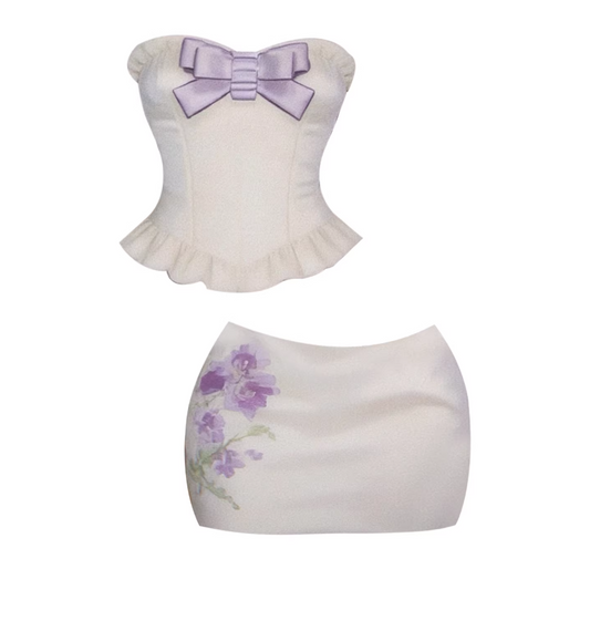 Ornate Strapless Corset Floral Bodycon Mini Skirt Sweet Cream & Lavender Two-Piece Set Bow Detail Short Dress AP5837