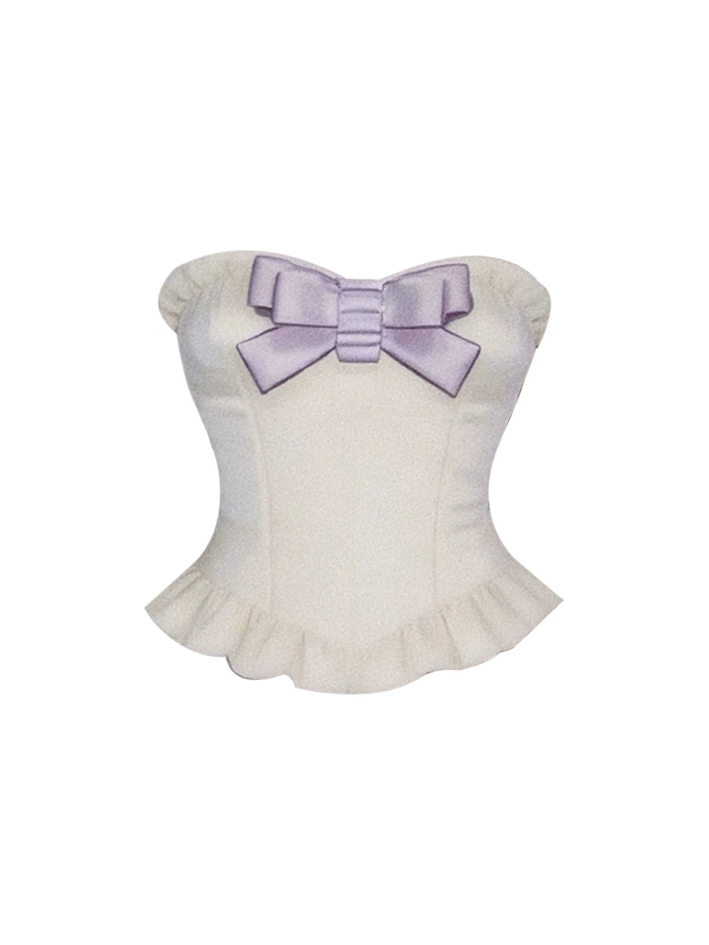 Ornate Strapless Corset Floral Bodycon Mini Skirt Sweet Cream & Lavender Two-Piece Set Bow Detail Short Dress AP5837