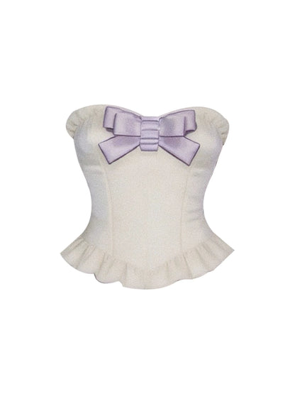 Ornate Strapless Corset Floral Bodycon Mini Skirt Sweet Cream & Lavender Two-Piece Set Bow Detail Short Dress AP5837